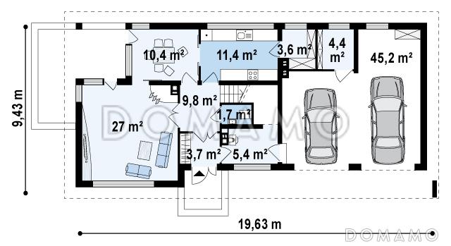 Проект современного двухэтажного дома из кирпича с четырьмя комнатами, большим гаражом, террасой и балконом / План 1 этажа