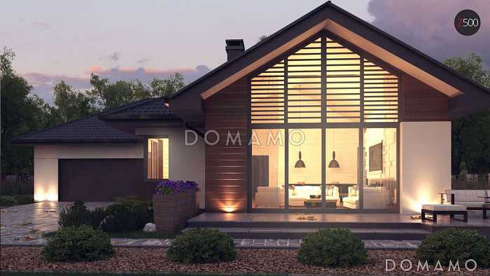 Проект просторного одноэтажного дома из кирпича с четырьмя спальнями, гаражом и панорамным остеклением гостиной Проект просторного одноэтажного дома из кирпича с четырьмя спальнями, гаражом и панорамным остеклением гостиной