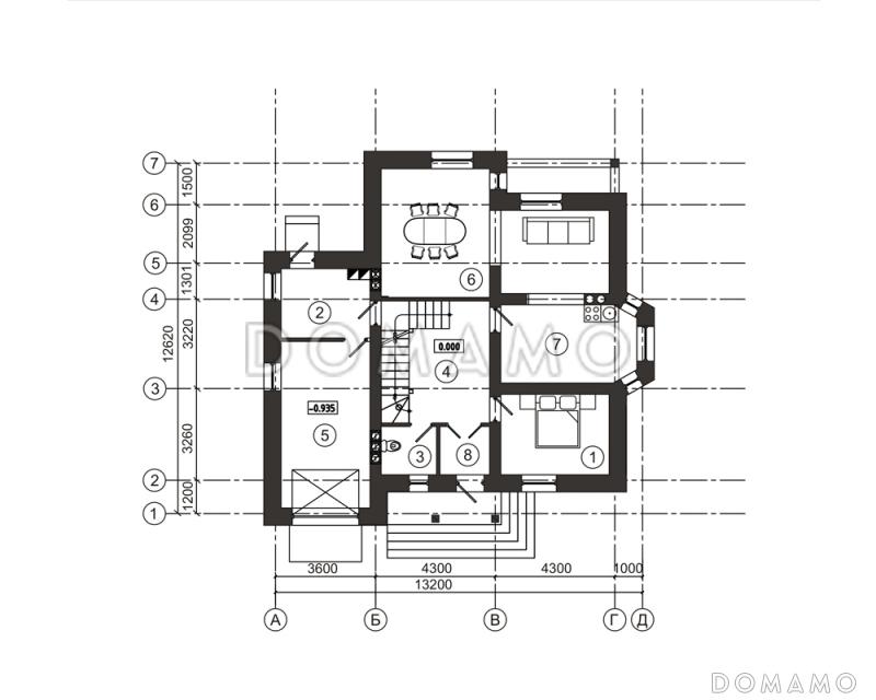 Проект загородного дома с полукруглой лестницей на мансардном этаж / План 1 этажа