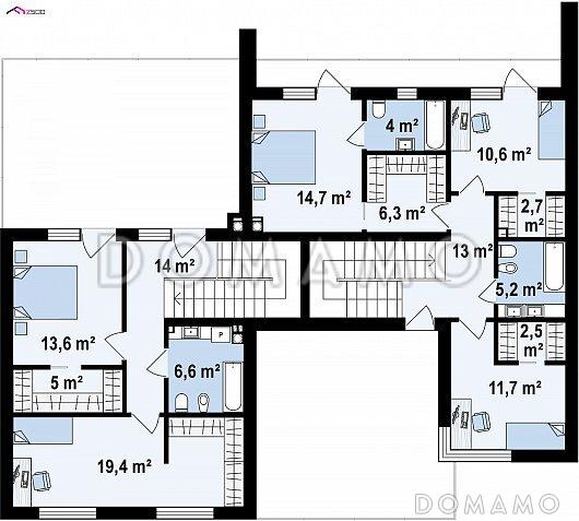 Проект современного комфортного двухэтажного дома из кирпича для двух семей с общим гаражом / План 2 этажа