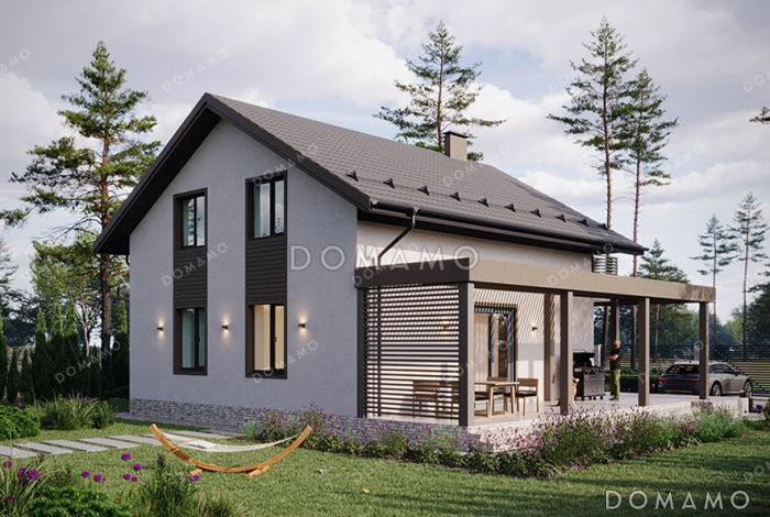 Проект дома с мансардой, большой угловой террасой и балконом