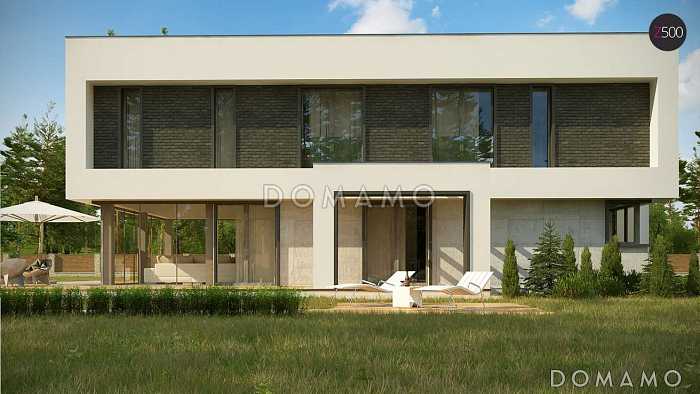 Проект современного двухэтажного дома из кирпича с плоской крышей с гаражом для двух автомобилей и террасами на обоих уровнях Проект современного двухэтажного дома из кирпича с плоской крышей с гаражом для двух автомобилей и террасами на обоих уровнях