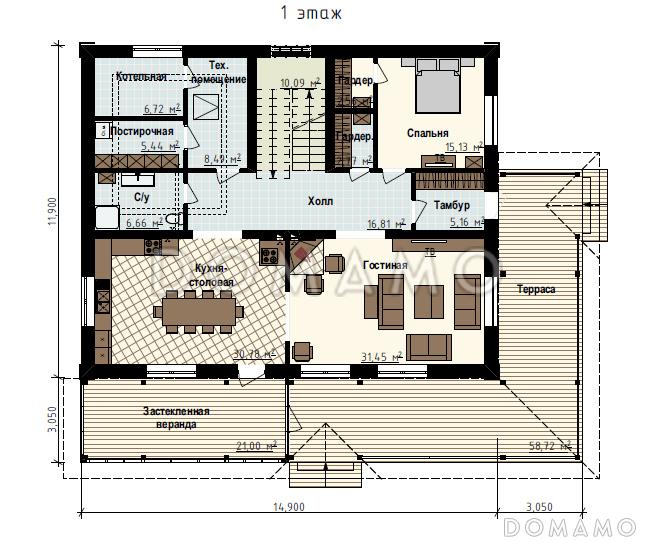 Проект двухэтажного дома с кабинетом, спортзалом, верандой и террасой / План 1 этажа