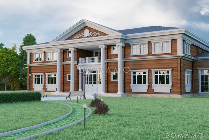 Проект двухэтажного дома из клееного бруса с колоннами и большой верандой Проект двухэтажного дома из клееного бруса с колоннами и большой верандой