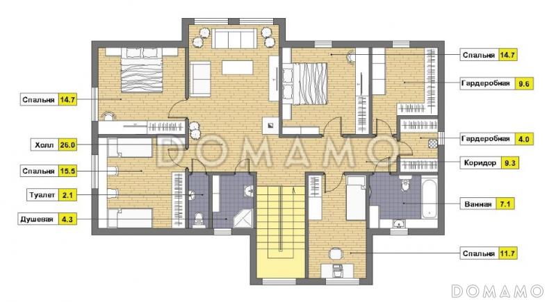 Проект дома из пеноблоков с просторным холлом на мансардном этаже / План мансардного этажа