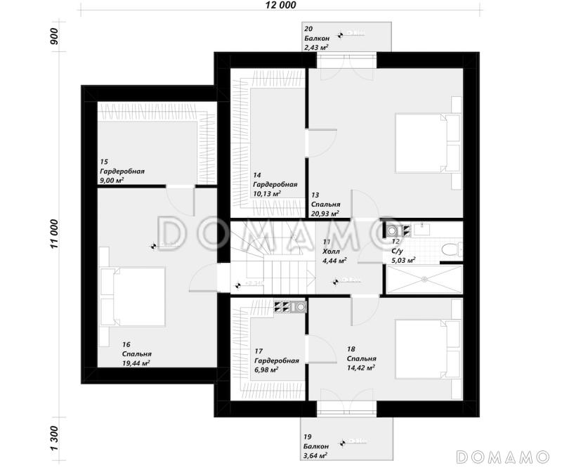 Проект мансардного дома из газобетона с 2 балконами, эркером и гаражом на 1 машину / План мансардного этажа