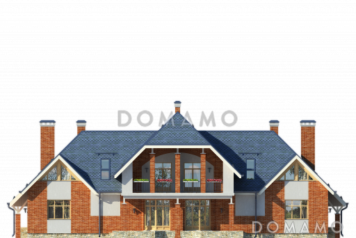 Проект дома с эркером в гостиной, комнатой на первом этаже, террасой, балконом, чердаком / Фасад 3