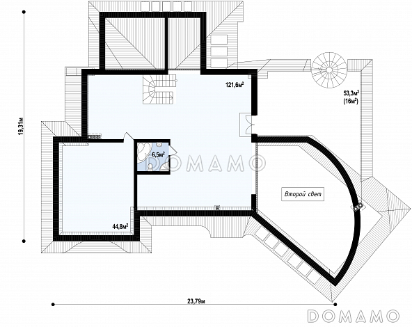 Проект красивого просторного мансардного коттеджа из кирпича с террасой на втором уровне / План мансардного этажа