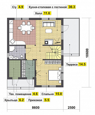 Проект дома с просторной террасой / План 1 этажа Проект дома с просторной террасой / План 1 этажа