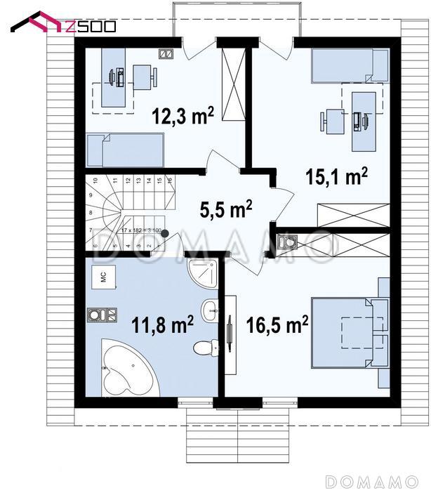 Проект загородного дома с террасой, балконом, кладовой, просторной ванной / План мансардного этажа