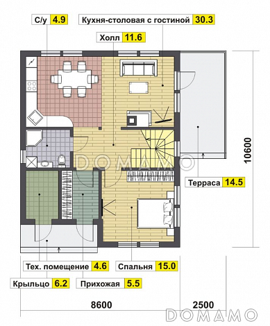 Проект дома с просторной террасой / План 1 этажа Проект дома с просторной террасой / План 1 этажа