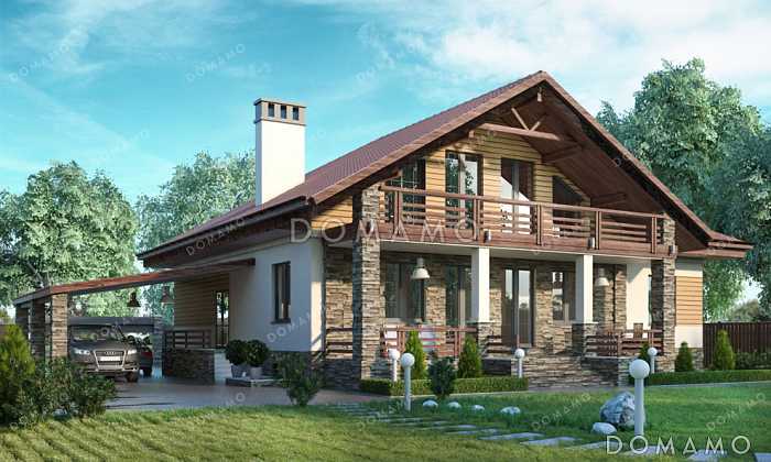 Проект дома с сауной в цокольном этаже, навесом для машины и гостиной на мансарде Проект дома с сауной в цокольном этаже, навесом для машины и гостиной на мансарде