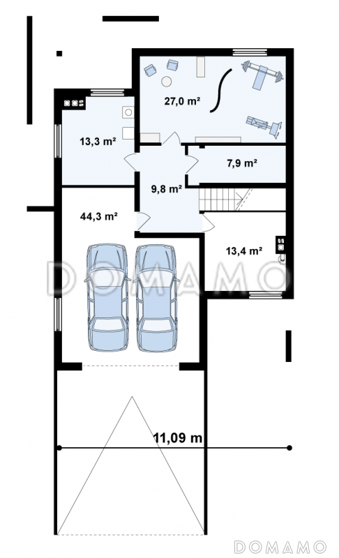 Проект большого двухэтажного дома из газобетона с цокольным этажом и подземным гаражом / План цокольного этажа