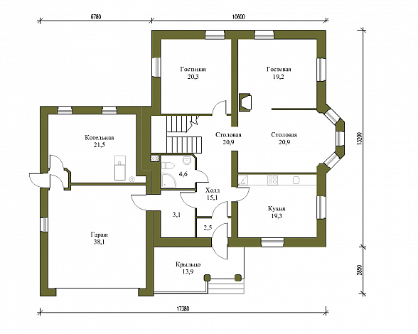 Проект коттеджа из газобетона с гаражом на 2 машины / План 1 этажа