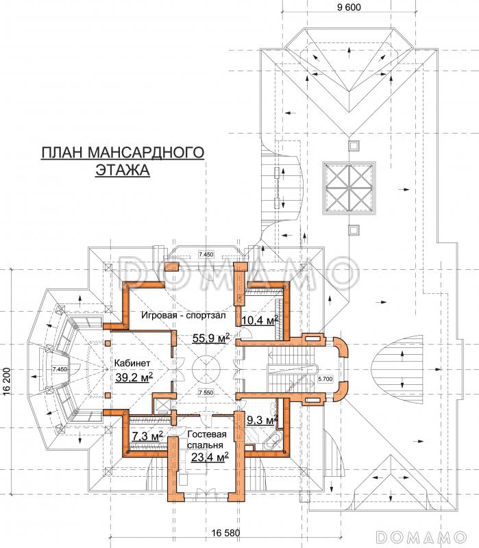 Проект роскошного особняка из кирпича с бассейном на первом этаже / План мансардного этажа