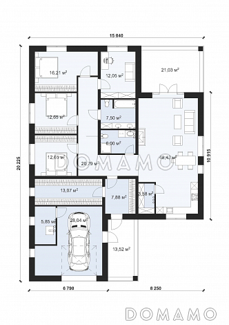 Проект большого одноэтажного дома с гаражом на одну машину в стиле Райт S-194 / План 1 этажа