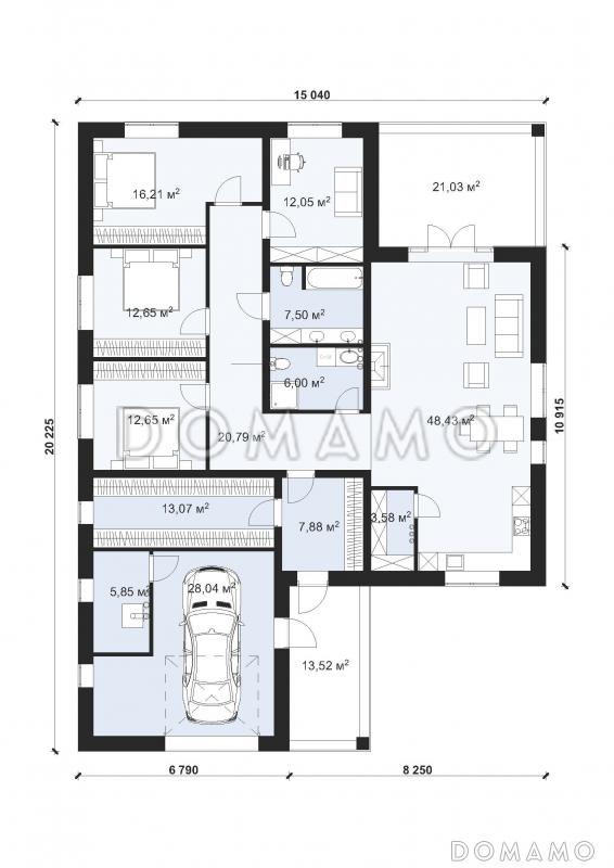 Проект большого одноэтажного дома с гаражом на одну машину в стиле Райт S-194 / План 1 этажа