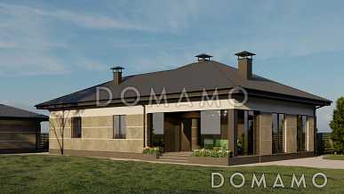 Проект одноэтажного кирпичного дома с двумя спальнями, гардеробными, кладовой на кухне и крытой террасой