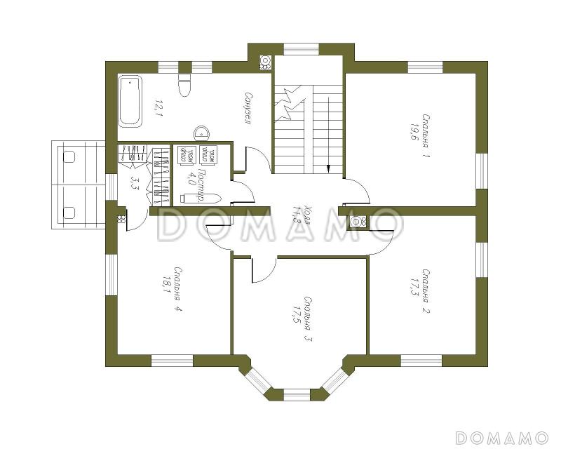 Проект двухэтажного коттеджа с четырехскатной кровлей / План 2 этажа