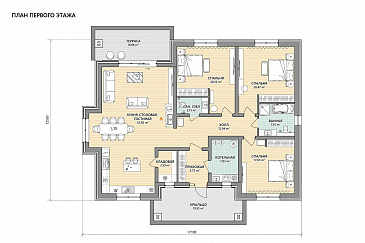 Проект каркасного дома в стиле Райта с тремя спальнями и просторной столовой-гостиной / План 1 этажа