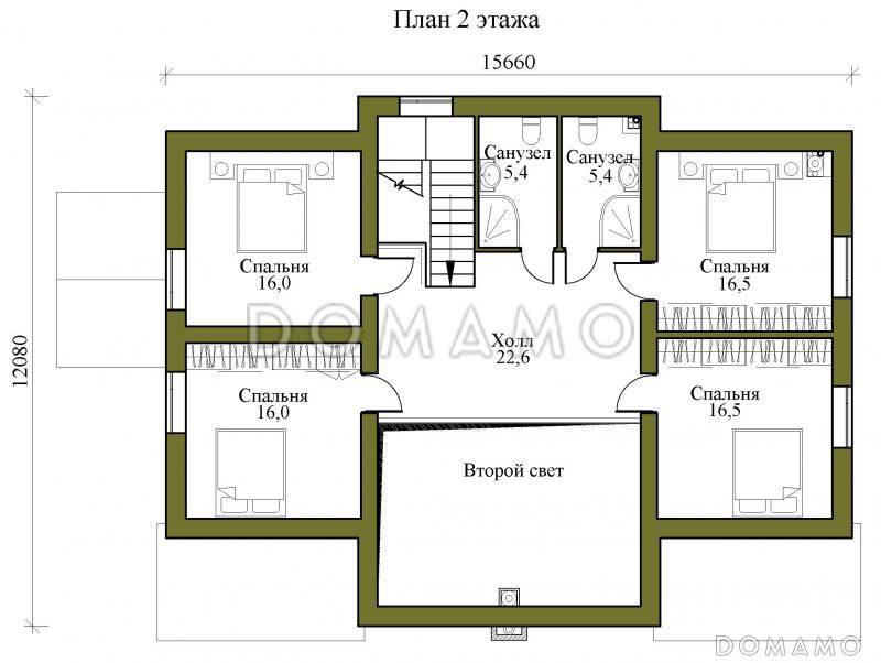 Проект двухэтажного каркасного дома с просторной террасой, сауной и пятью спальнями / План 2 этажа