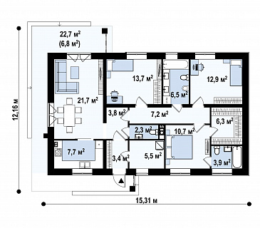 Проект одноэтажного загородного дома простой формы с тремя спальнями,  изолированной кухней / План 1 этажа