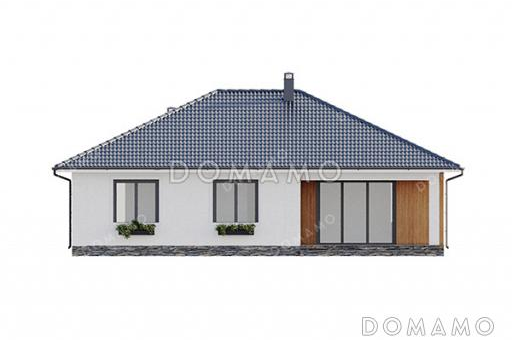 Проект квадратного одноэтажного дома с отделкой декоративной штукатуркой, террасой под общей вальмовой крышей и большой совмещенной кухней-гостиной / Фасад 2