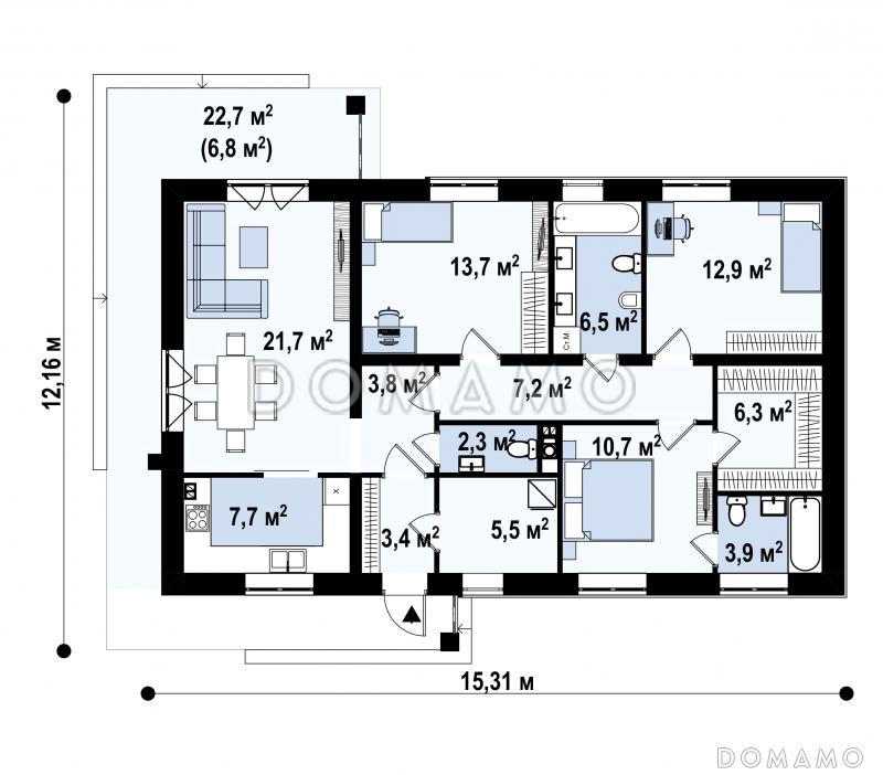 Проект одноэтажного загородного дома простой формы с тремя спальнями,  изолированной кухней / План 1 этажа