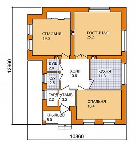Проект кирпичного дома с изолированной кухней, двумя спальнями и небольшой гостиной / План 1 этажа