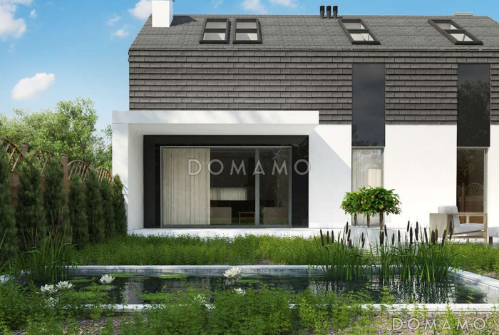 Проект современных мансардных домов-близнецов из кирпича с большим гаражом, открытой террасой на втором этаже и четырьмя спальнями