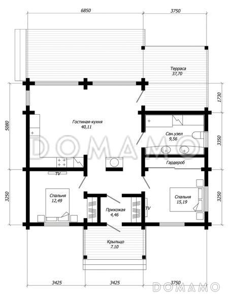 Проект одноэтажного дома из клееного бруса с панорамным остеклением гостиной / План 1 этажа
