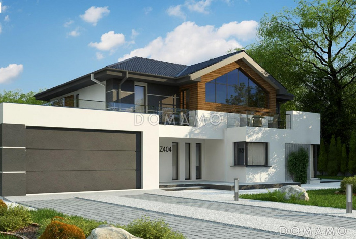 Проект красивого просторного двухэтажного дома из кирпича с террасами, балконами и гаражом