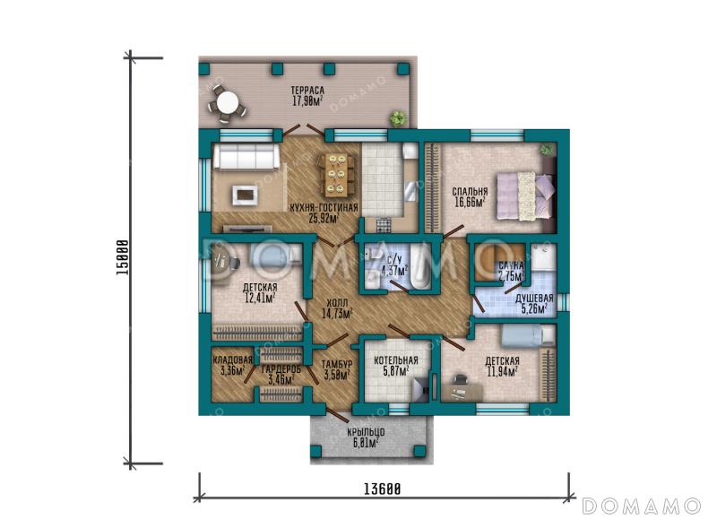 Проект одноэтажного дома с тремя спальнями, большой террасой и сауной / План 1 этажа