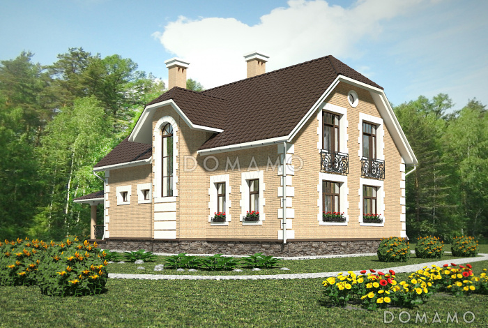 Проект коттеджа с большой террасой и французскими окнами Проект коттеджа с большой террасой и французскими окнами