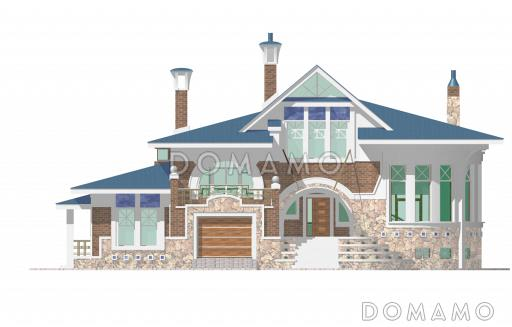 Проект коттеджа с круглой двусветной гостиной и гаражом / Фасад 1