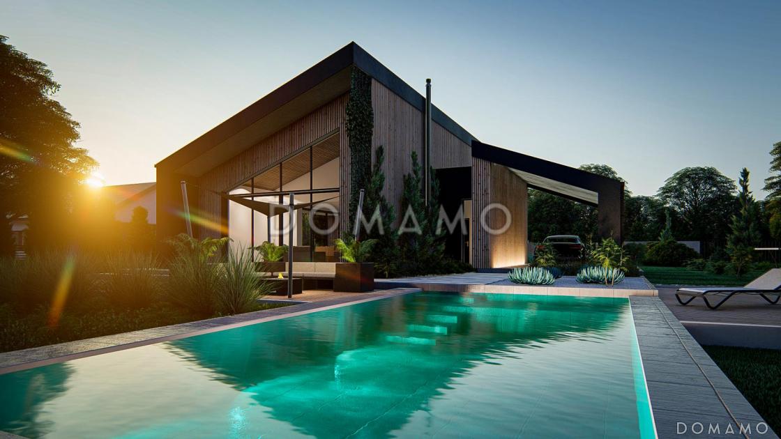 Проект загородного дома с косой крышей, навесом для машины, столовой, гостиной / 2