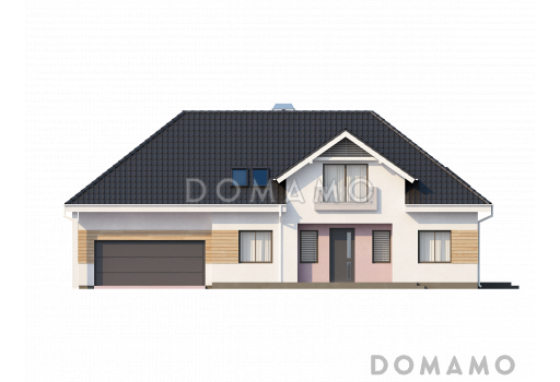Проект просторного одноэтажного дома из кирпича со свободной зоной на мансардном этаже и со встроенным гаражом / Фасад 1