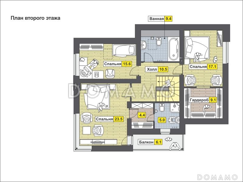 Проект дома с крытой террасой, спальней на первом этаже, постирочной, балконом / План мансардного этажа