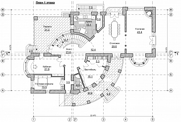 Проект коттеджа с круглым холлом и башенкой / План 1 этажа Проект коттеджа с круглым холлом и башенкой / План 1 этажа