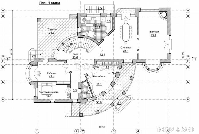 Проект коттеджа с круглым холлом и башенкой / План 1 этажа Проект коттеджа с круглым холлом и башенкой / План 1 этажа