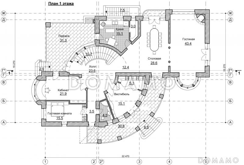 Проект коттеджа с круглым холлом и башенкой / План 1 этажа