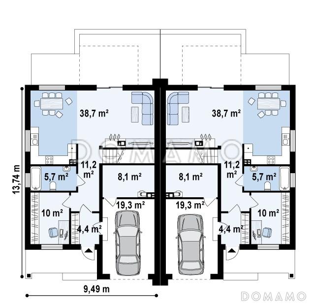 Проект мансардных домов-близнецов из газобетона с гаражом и современными элементами дизайна / План 1 этажа