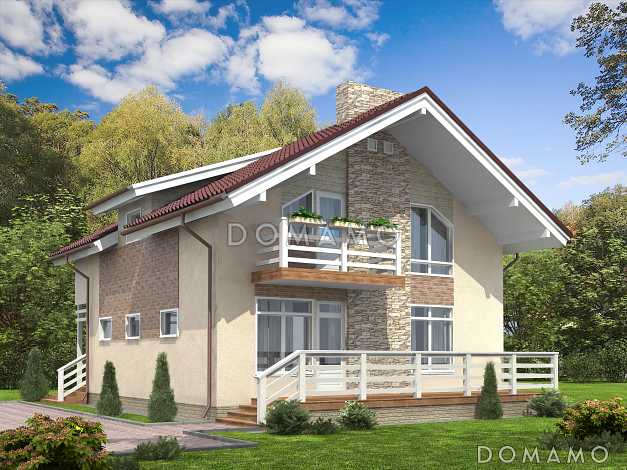 Проект каркасного дома с просторной террасой во всю ширину дома