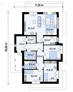 Проект одноэтажного дома с продуманной планировкой, эркером, навесом, объединенной кухней и гостиной / План 1 этажа Проект одноэтажного дома с продуманной планировкой, эркером, навесом, объединенной кухней и гостиной / План 1 этажа