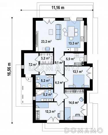 Проект одноэтажного дома с продуманной планировкой, эркером, навесом, объединенной кухней и гостиной / План 1 этажа Проект одноэтажного дома с продуманной планировкой, эркером, навесом, объединенной кухней и гостиной / План 1 этажа
