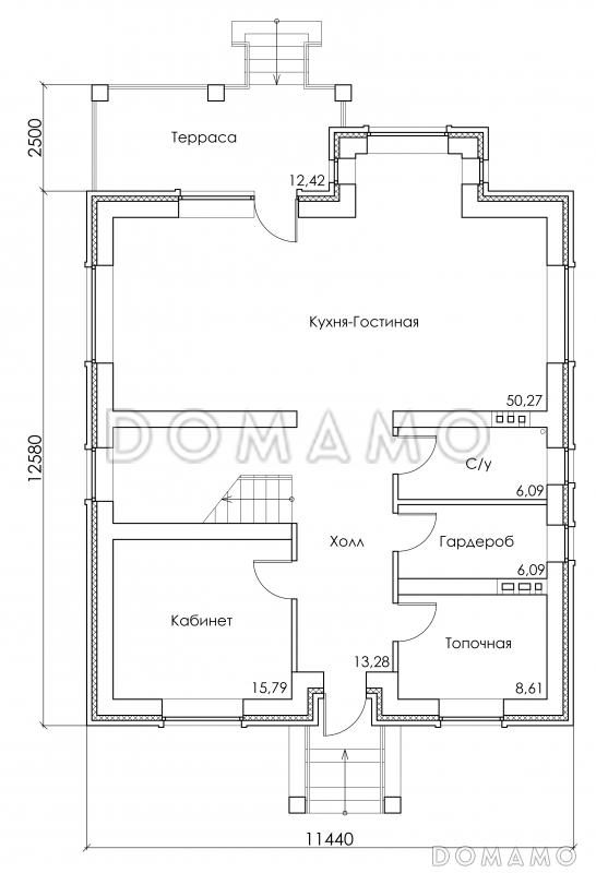Проект двухэтажного коттеджа с лоджией на первом этаже / План 1 этажа