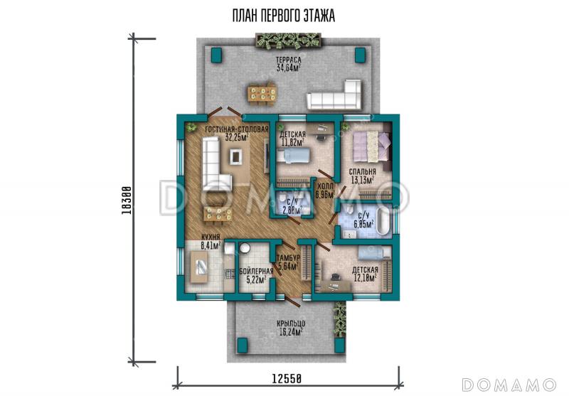 Проект дома с тремя спальнями, окнами в пол и крытой террасой / План 1 этажа