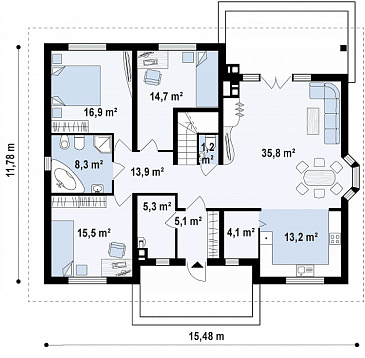 Проект одноэтажного дома из кирпича с мансардой и барбекю на террасе / План 1 этажа