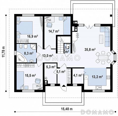 Проект одноэтажного дома из кирпича с мансардой и барбекю на террасе / План 1 этажа