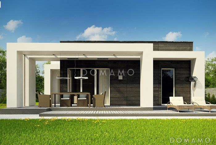 Проект одноэтажного дома из кирпича с плоской крышей, с четырьмя спальнями и крытыми террасами